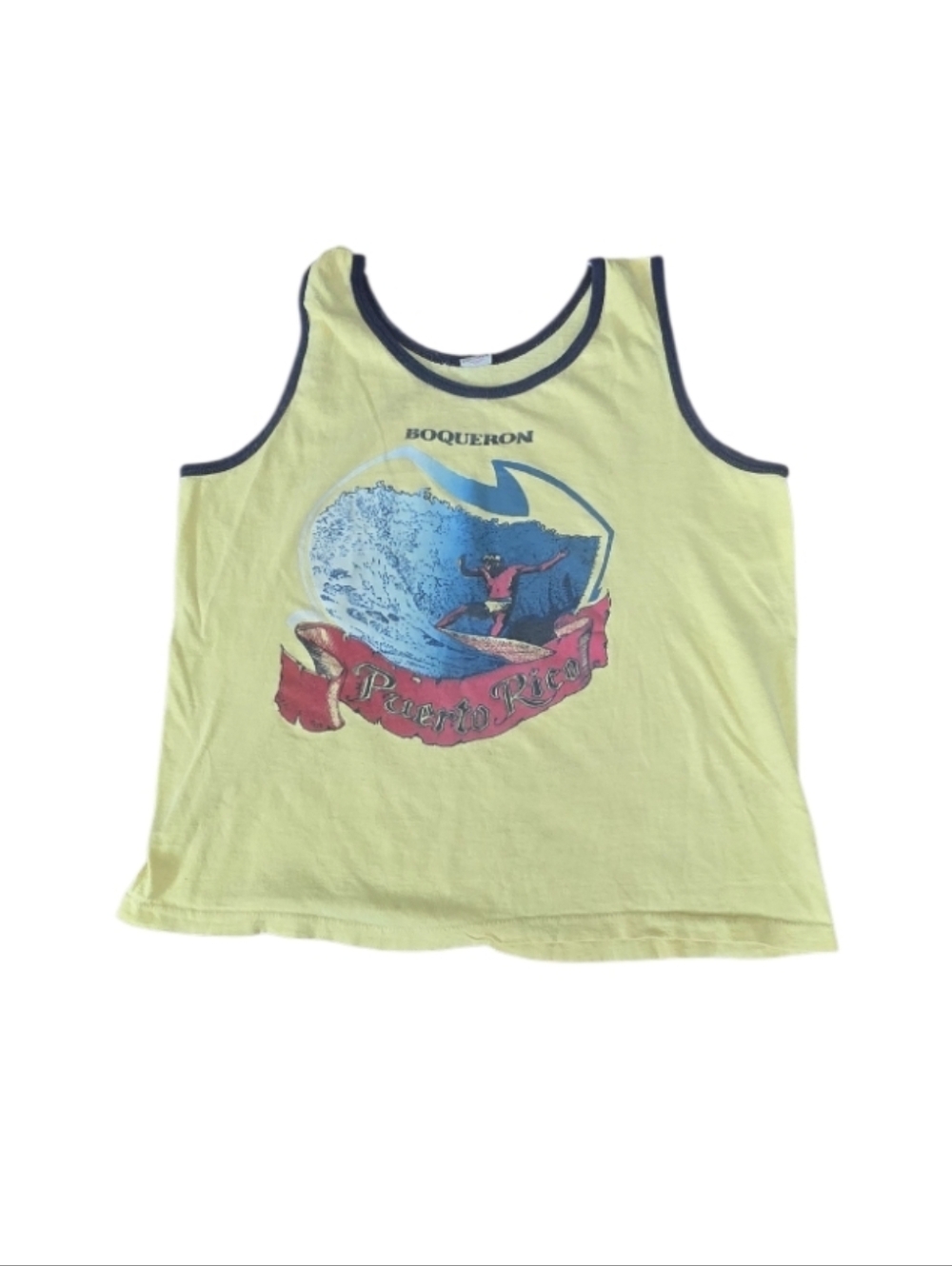 Yellow Puerto Rico Surf Graphic Tank Top with Navy Trim. L